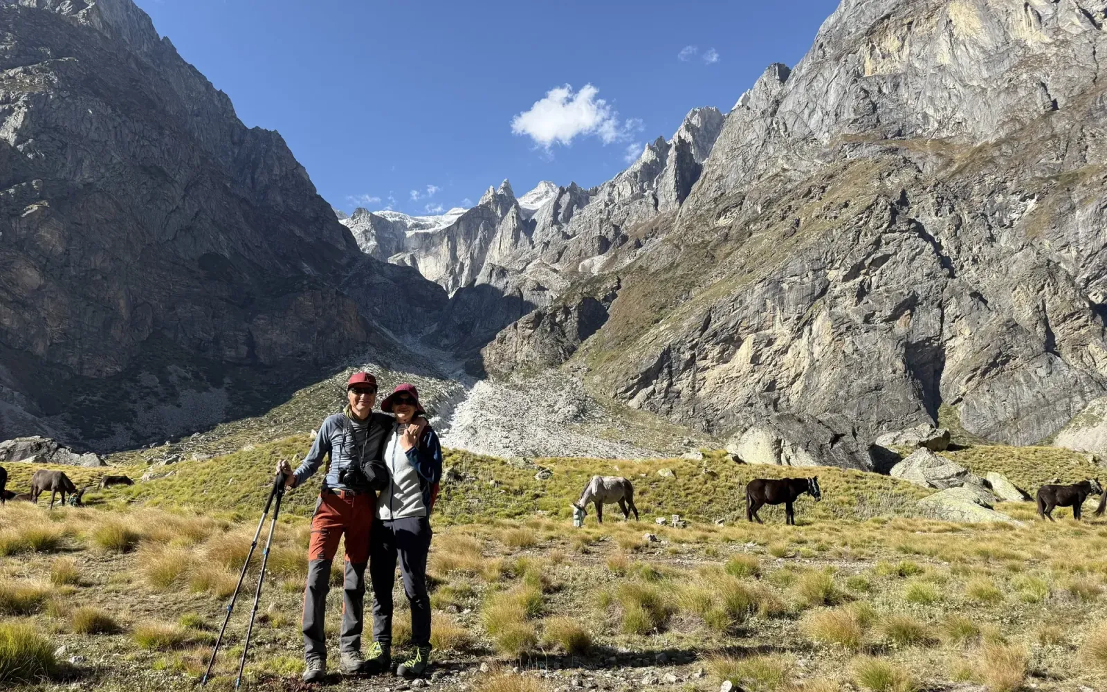 Martin and Lenka on a trek in the Himalaya, with mules grazing behind them
