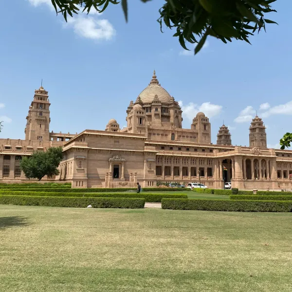 Umaid Bhawan Palace in Jodhpur seen across its lawns