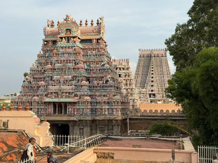 Painted gopuram towers of the Sri Ranganathaswamy Temple in Srirangam, Tiruchirappalli